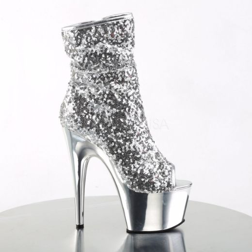 Product image of Pleaser Adore-1008Sq Silver Sequins/Silver Chrome, 7 inch (17.8 cm) Heel, 2 3/4 inch (7 cm) Platform Ankle Boot