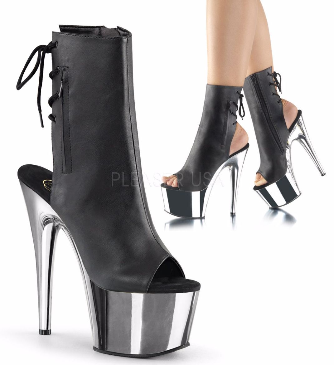 Product image of Pleaser Adore-1018 Black Faux Leather/Silver Chrome, 7 inch (17.8 cm) Heel, 2 3/4 inch (7 cm) Platform Ankle Boot