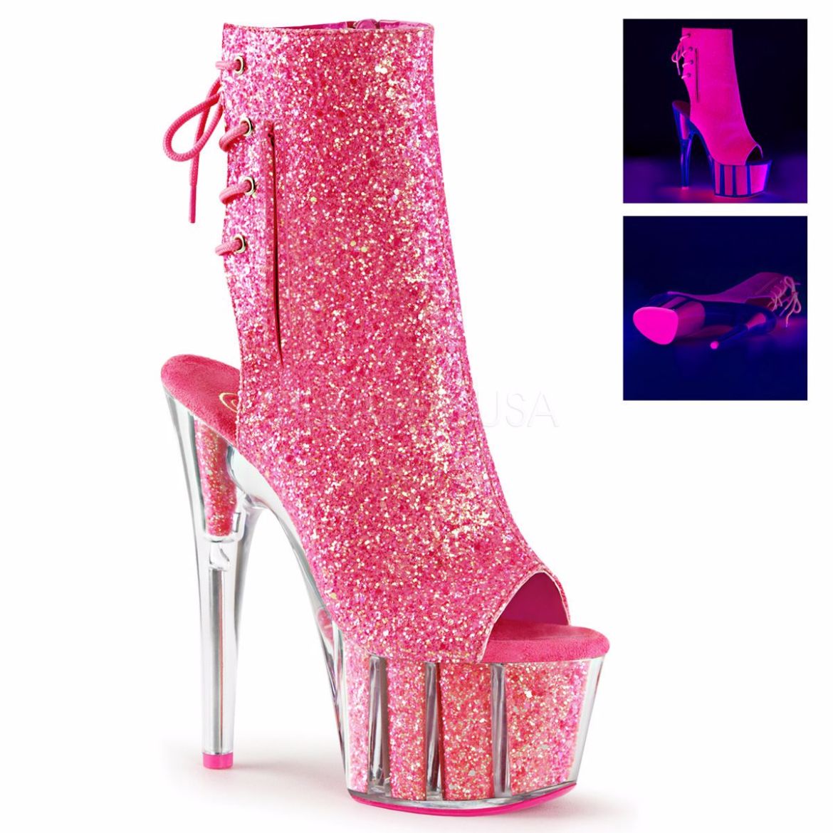 Product image of Pleaser Adore-1018G Neon Pink Glitter/Neon Pink Glitter, 7 inch (17.8 cm) Heel, 2 3/4 inch (7 cm) Platform Ankle Boot