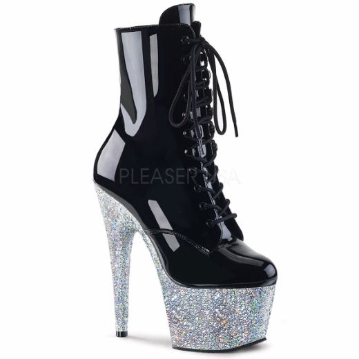 Product image of Pleaser Adore-1020Lg Black Patent/Silver Multi Glitter, 7 inch (17.8 cm) Heel, 2 3/4 inch (7 cm) Platform Ankle Boot