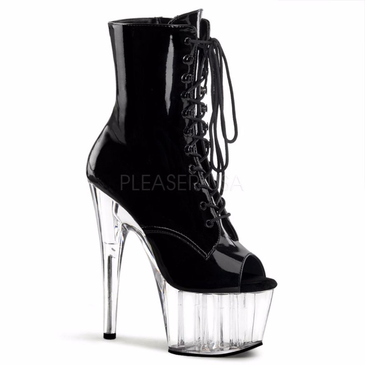 Product image of Pleaser Adore-1021 Black Patent/Clear, 7 inch (17.8 cm) Heel, 2 3/4 inch (7 cm) Platform Ankle Boot