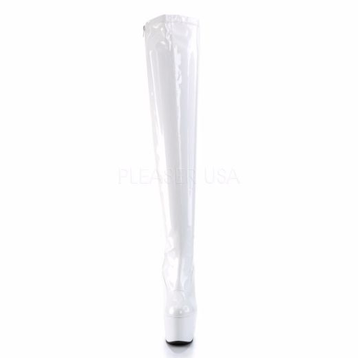 Product image of Pleaser Adore-3000 White Stretch Patent/White, 7 inch (17.8 cm) Heel, 2 3/4 inch (7 cm) Platform Thigh High Boot