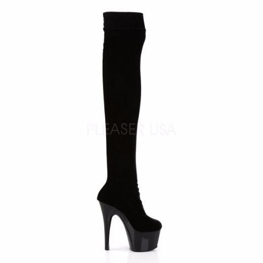 Product image of Pleaser Adore-3002 Black Stretch Velvet/Black, 7 inch (17.8 cm) Heel, 2 3/4 inch (7 cm) Platform Thigh High Boot