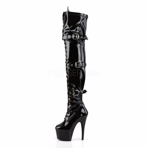 Product image of Pleaser Adore-3028 Black Stretch Patent/Black, 7 inch (17.8 cm) Heel, 2 3/4 inch (7 cm) Platform Thigh High Boot