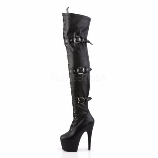Product image of Pleaser Adore-3028 Black Stretch Faux Leather/Black Matte, 7 inch (17.8 cm) Heel, 2 3/4 inch (7 cm) Platform Thigh High Boot