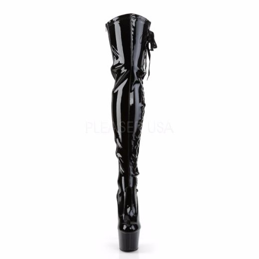 Product image of Pleaser Adore-3050 Black Stretch Patent/Black, 7 inch (17.8 cm) Heel, 2 3/4 inch (7 cm) Platform Thigh High Boot