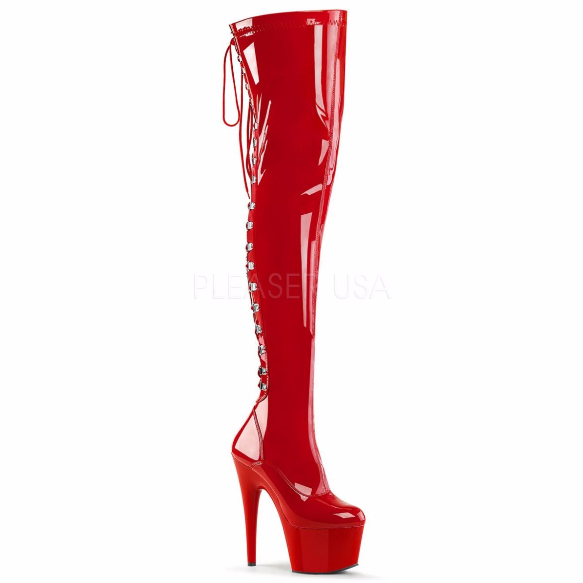 Product image of Pleaser Adore-3063 Red Stretch Patent/Red, 7 inch (17.8 cm) Heel, 2 3/4 inch (7 cm) Platform Thigh High Boot