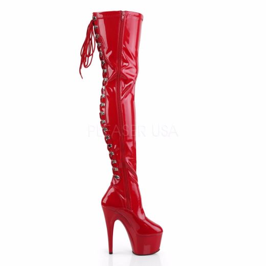 Product image of Pleaser Adore-3063 Red Stretch Patent/Red, 7 inch (17.8 cm) Heel, 2 3/4 inch (7 cm) Platform Thigh High Boot