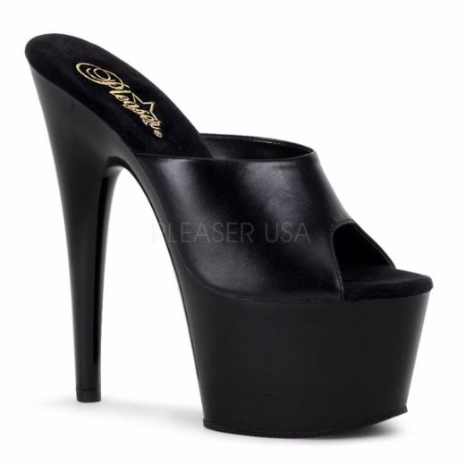 Product image of Pleaser Adore-701 Black Leather/ Black, 7 inch (17.8 cm) Heel, 2 3/4 inch (7 cm) Platform Slide Mule Shoes