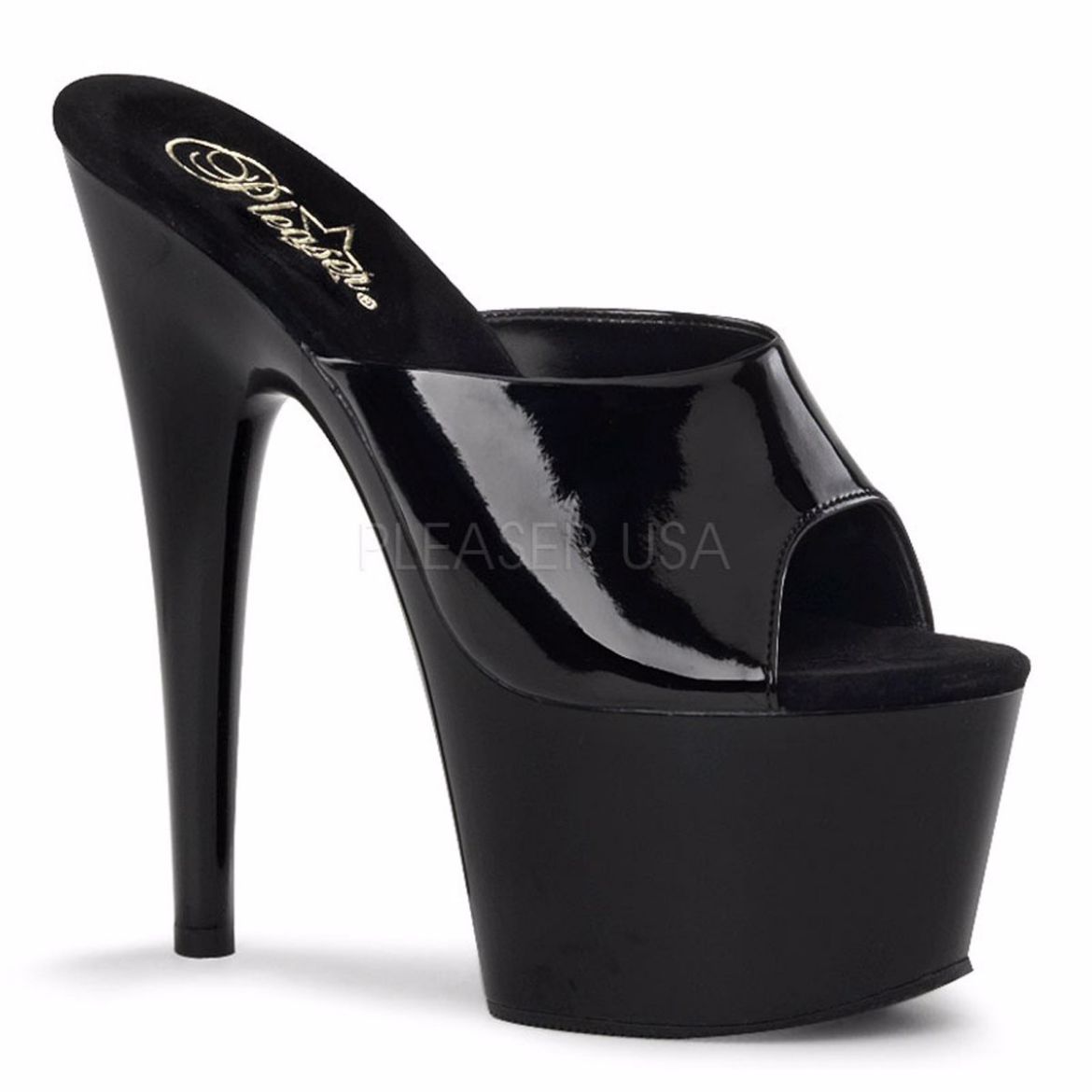 Product image of Pleaser Adore-701 Black Patent/Black, 7 inch (17.8 cm) Heel, 2 3/4 inch (7 cm) Platform Slide Mule Shoes