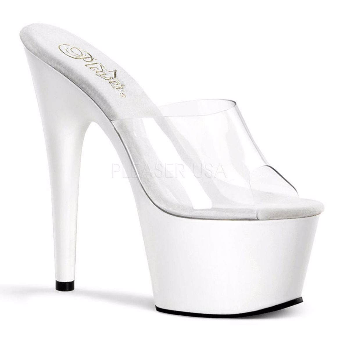 Product image of Pleaser Adore-701 Clear/White, 7 inch (17.8 cm) Heel, 2 3/4 inch (7 cm) Platform Slide Mule Shoes