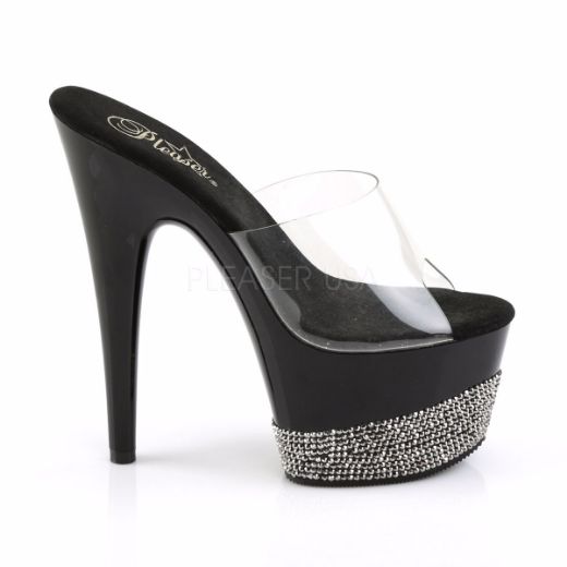Product image of Pleaser Adore-701-3 Clear/Black-Pewter Rhinestone, 7 inch (17.8 cm) Heel, 2 3/4 inch (7 cm) Platform Slide Mule Shoes