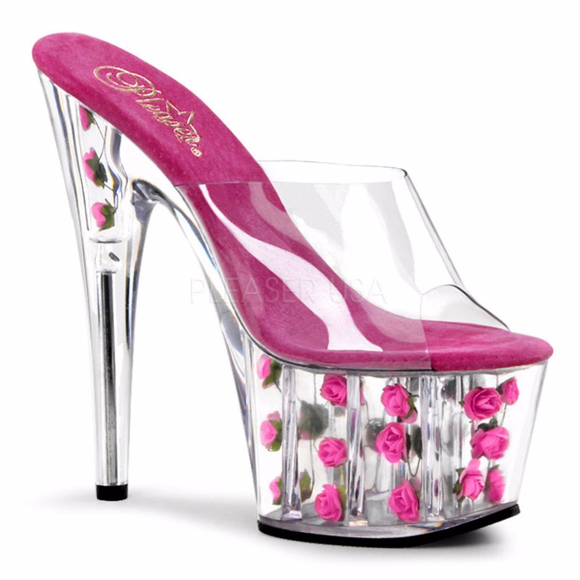 Product image of Pleaser Adore-701Fl Clear/Hot Pink Flowers, 7 inch (17.8 cm) Heel, 2 3/4 inch (7 cm) Platform Slide Mule Shoes