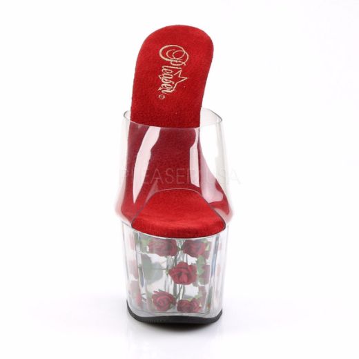 Product image of Pleaser Adore-701Fl Clear/Red Flowers, 7 inch (17.8 cm) Heel, 2 3/4 inch (7 cm) Platform Slide Mule Shoes