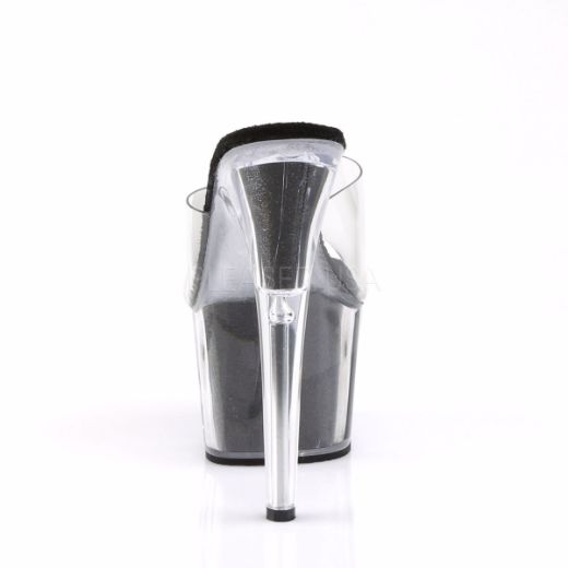 Product image of Pleaser Adore-701G Clear/Black Glitter, 7 inch (17.8 cm) Heel, 2 3/4 inch (7 cm) Platform Slide Mule Shoes