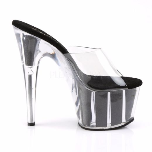 Product image of Pleaser Adore-701G Clear/Black Glitter, 7 inch (17.8 cm) Heel, 2 3/4 inch (7 cm) Platform Slide Mule Shoes