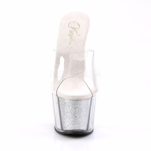 Product image of Pleaser Adore-701G Clear/Silver Glitter, 7 inch (17.8 cm) Heel, 2 3/4 inch (7 cm) Platform Slide Mule Shoes