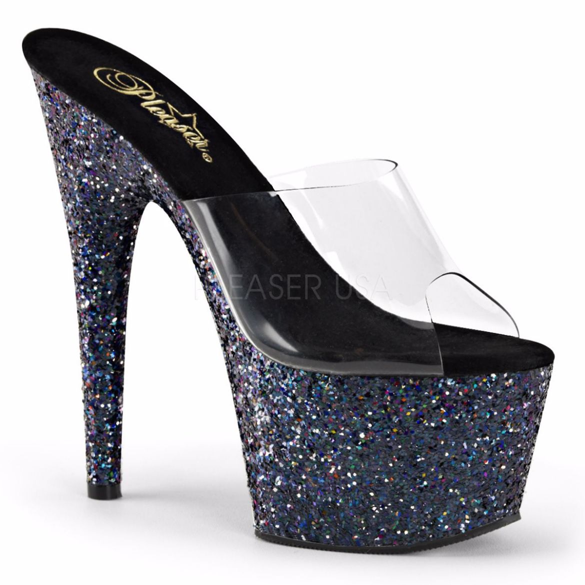 Product image of Pleaser Adore-701Lg Clear/Black Holo Glitter, 7 inch (17.8 cm) Heel, 2 3/4 inch (7 cm) Platform Slide Mule Shoes