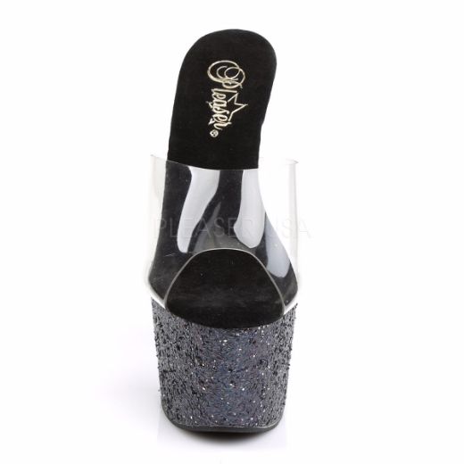 Product image of Pleaser Adore-701Lg Clear/Black Holo Glitter, 7 inch (17.8 cm) Heel, 2 3/4 inch (7 cm) Platform Slide Mule Shoes