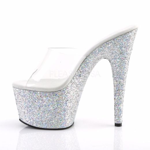 Product image of Pleaser Adore-701Lg Clear/Silver Multi Glitter, 7 inch (17.8 cm) Heel, 2 3/4 inch (7 cm) Platform Slide Mule Shoes