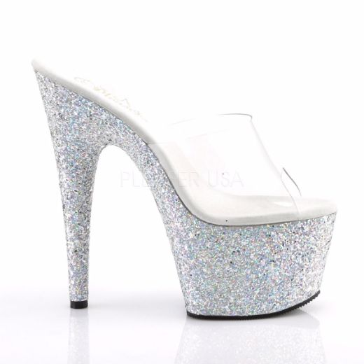 Product image of Pleaser Adore-701Lg Clear/Silver Multi Glitter, 7 inch (17.8 cm) Heel, 2 3/4 inch (7 cm) Platform Slide Mule Shoes