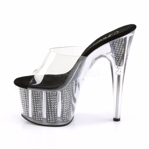 Product image of Pleaser Adore-701Srs Clear/Black Rhinestone, 7 inch (17.8 cm) Heel, 2 3/4 inch (7 cm) Platform Slide Mule Shoes