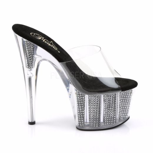 Product image of Pleaser Adore-701Srs Clear/Black Rhinestone, 7 inch (17.8 cm) Heel, 2 3/4 inch (7 cm) Platform Slide Mule Shoes