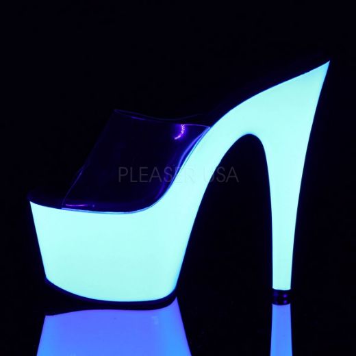 Product image of Pleaser Adore-701Uv Clear/Neon White, 7 inch (17.8 cm) Heel, 2 3/4 inch (7 cm) Platform Slide Mule Shoes