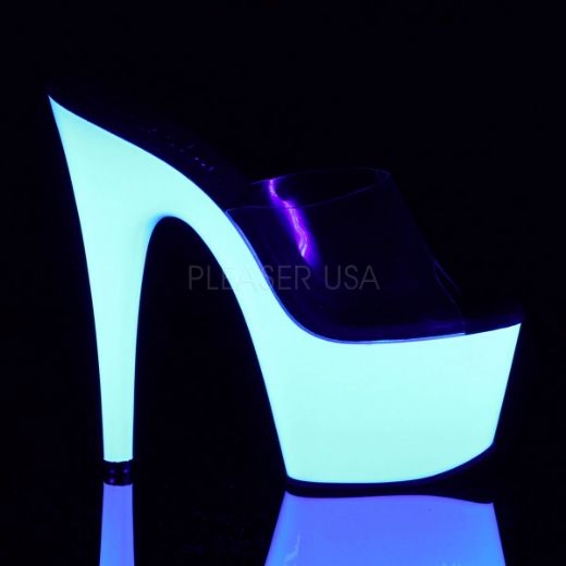 Product image of Pleaser Adore-701Uv Clear/Neon White, 7 inch (17.8 cm) Heel, 2 3/4 inch (7 cm) Platform Slide Mule Shoes