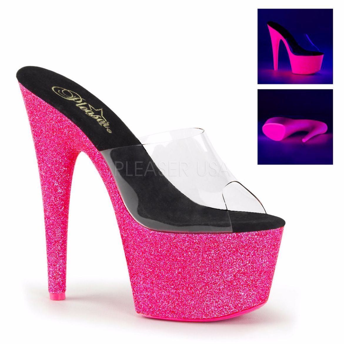Product image of Pleaser Adore-701Uvg Clear/Neon Hot Pink Glitter, 7 inch (17.8 cm) Heel, 2 3/4 inch (7 cm) Platform Slide Mule Shoes