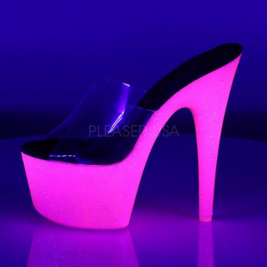 Product image of Pleaser Adore-701Uvg Clear/Neon Hot Pink Glitter, 7 inch (17.8 cm) Heel, 2 3/4 inch (7 cm) Platform Slide Mule Shoes