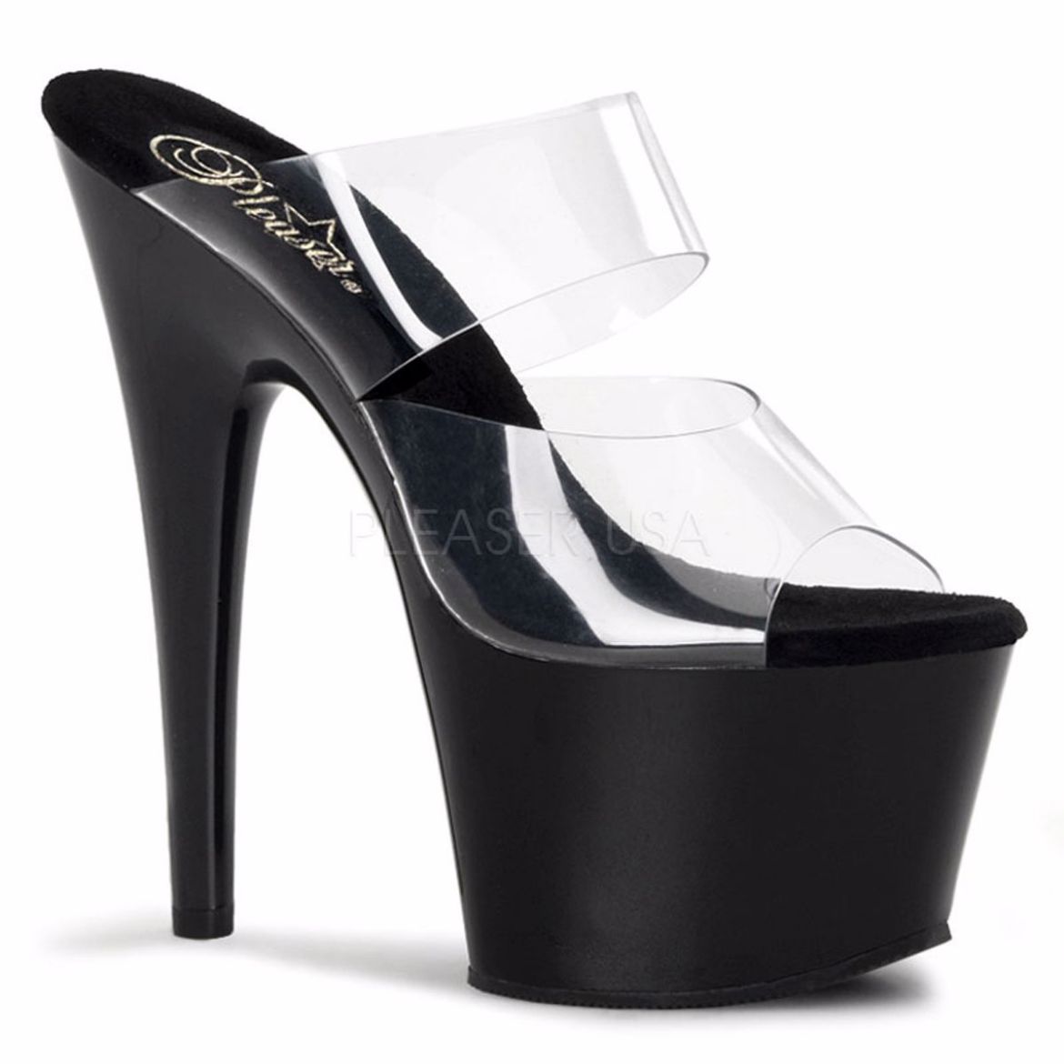 Product image of Pleaser Adore-702 Clear/Black, 7 inch (17.8 cm) Heel, 2 3/4 inch (7 cm) Platform Slide Mule Shoes