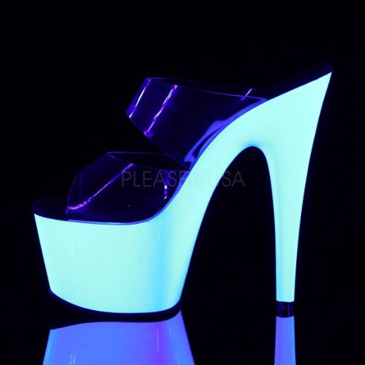 Product image of Pleaser Adore-702Uv Clear/Neon White, 7 inch (17.8 cm) Heel, 2 3/4 inch (7 cm) Platform Slide Mule Shoes