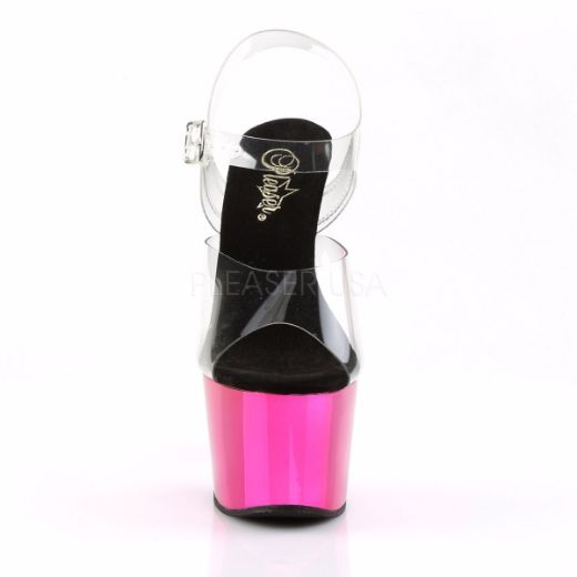 Product image of Pleaser Adore-708 Clear/Hot Pink Chrome, 7 inch (17.8 cm) Heel, 2 3/4 inch (7 cm) Platform Sandal Shoes