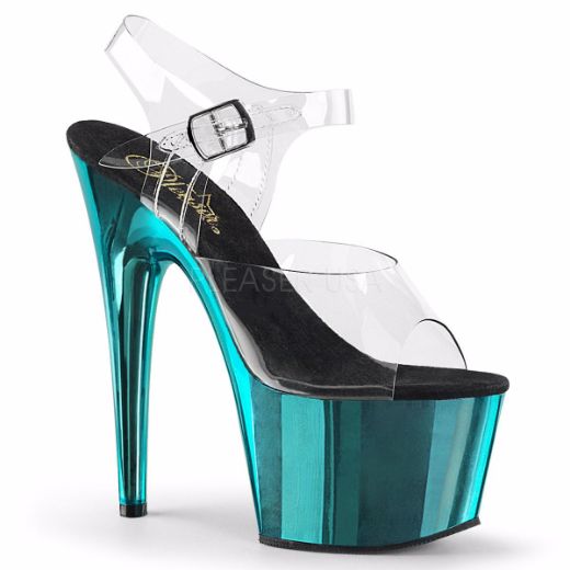 Product image of Pleaser Adore-708 Clear/Turquoise  Chrome, 7 inch (17.8 cm) Heel, 2 3/4 inch (7 cm) Platform Sandal Shoes