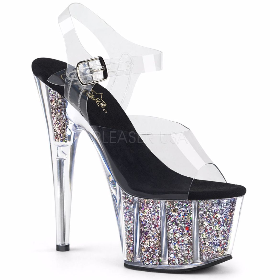 Product image of Pleaser Adore-708Cg Clear/Silver Confetti Glitter, 7 inch (17.8 cm) Heel, 2 3/4 inch (7 cm) Platform Sandal Shoes