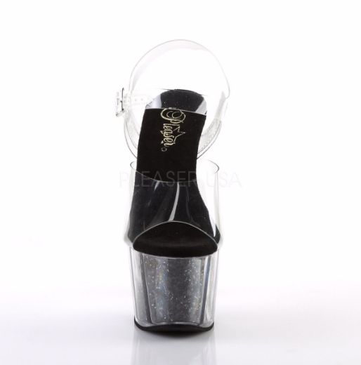 Product image of Pleaser Adore-708G Clear/Black Glitter Inserts, 7 inch (17.8 cm) Heel, 2 3/4 inch (7 cm) Platform Sandal Shoes