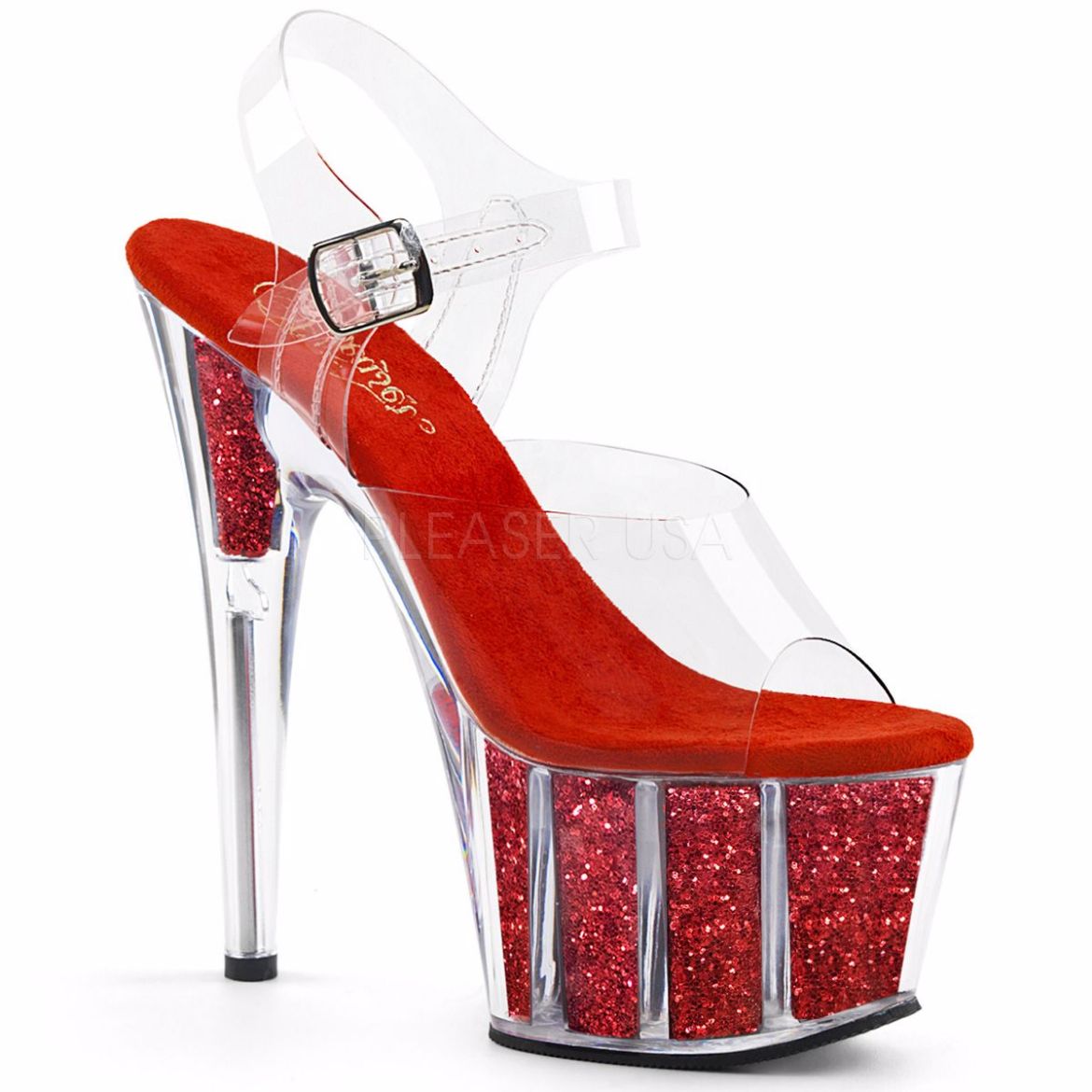 Product image of Pleaser Adore-708G Clear/Red Glitter Inserts, 7 inch (17.8 cm) Heel, 2 3/4 inch (7 cm) Platform Sandal Shoes