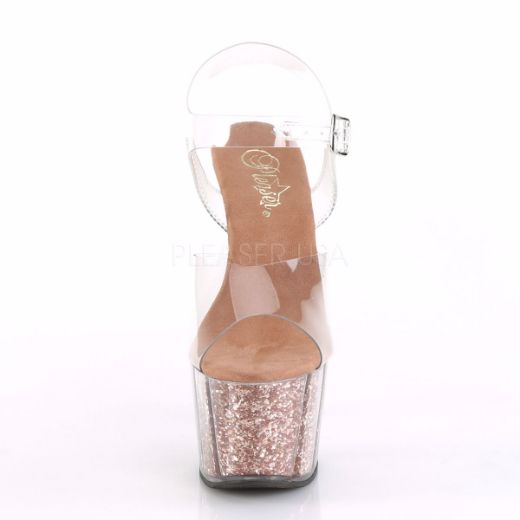Product image of Pleaser Adore-708G Clear/Rose Gold Glitter, 7 inch (17.8 cm) Heel, 2 3/4 inch (7 cm) Platform Sandal Shoes
