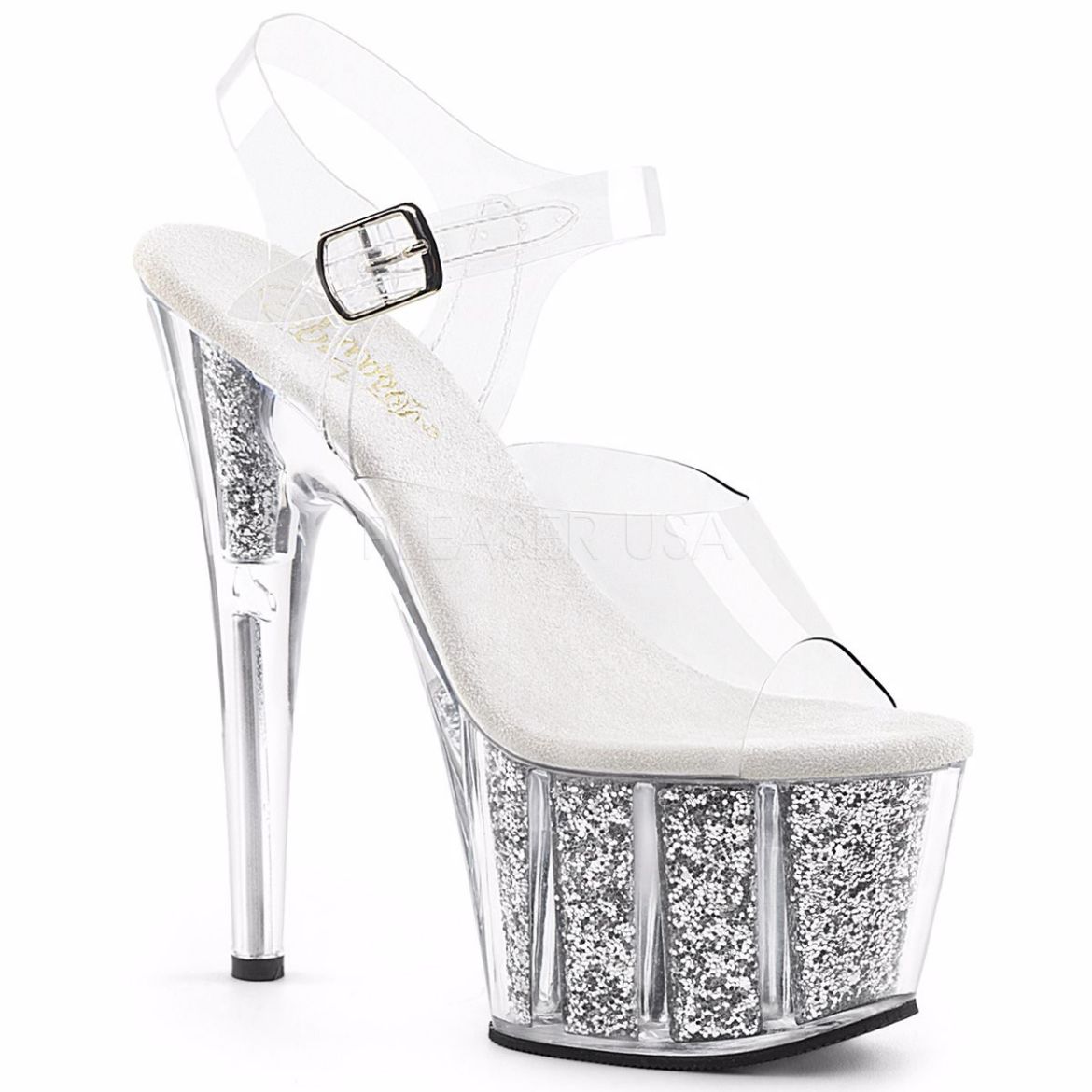 Product image of Pleaser Adore-708G Clear/Silver Glitter Inserts, 7 inch (17.8 cm) Heel, 2 3/4 inch (7 cm) Platform Sandal Shoes