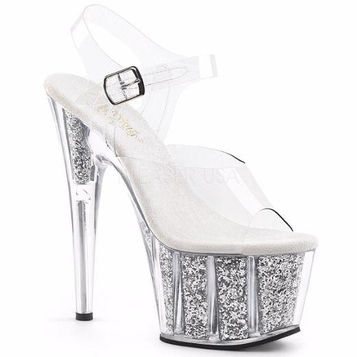 Product image of Pleaser Adore-708G Clear/Silver Glitter Inserts, 7 inch (17.8 cm) Heel, 2 3/4 inch (7 cm) Platform Sandal Shoes