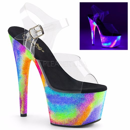 Product image of Pleaser Adore-708Gxy Clear/Neon Galaxy Glitter, 7 inch (17.8 cm) Heel, 2 3/4 inch (7 cm) Platform Sandal Shoes