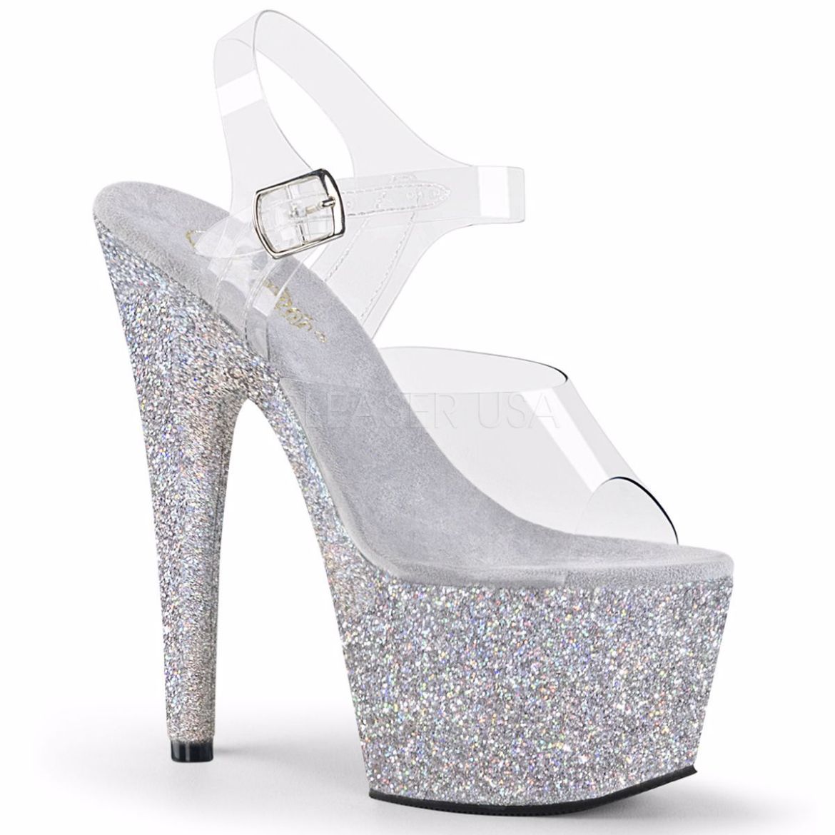 Product image of Pleaser Adore-708Hmg Clear/Silver Multi Glitter, 7 inch (17.8 cm) Heel, 2 3/4 inch (7 cm) Platform Sandal Shoes