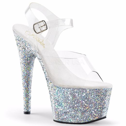 Product image of Pleaser Adore-708Lg Clear/Silver Multi Glitter, 7 inch (17.8 cm) Heel, 2 3/4 inch (7 cm) Platform Sandal Shoes