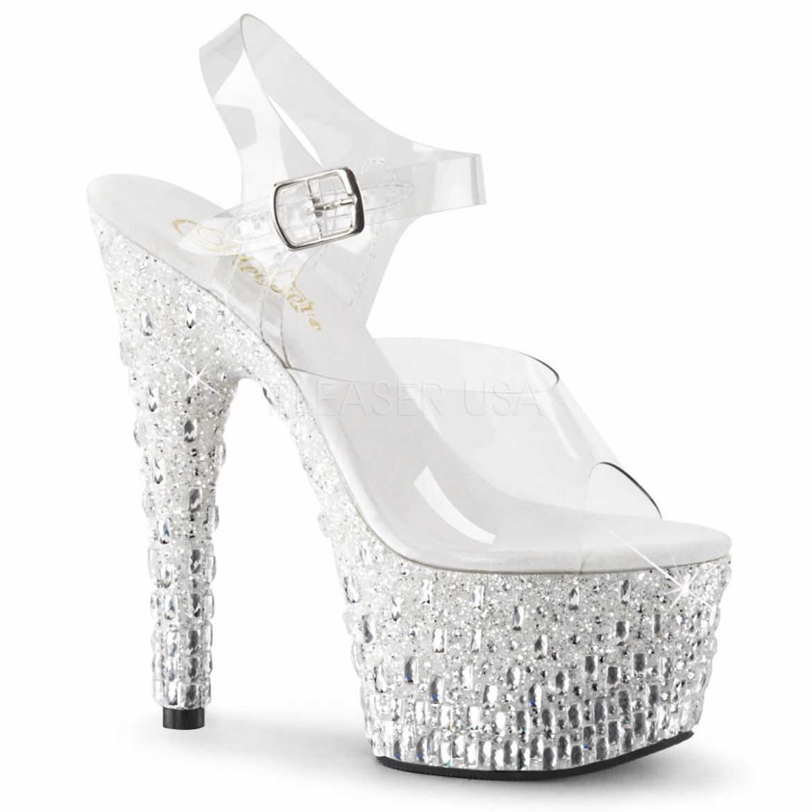 Product image of Pleaser Adore-708Mr-5 Clear/White-Silver, 7 inch (17.8 cm) Heel, 2 3/4 inch (7 cm) Platform Sandal Shoes