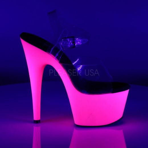 Product image of Pleaser Adore-708Uv Clear/Neon Pink, 7 inch (17.8 cm) Heel, 2 3/4 inch (7 cm) Platform Sandal Shoes