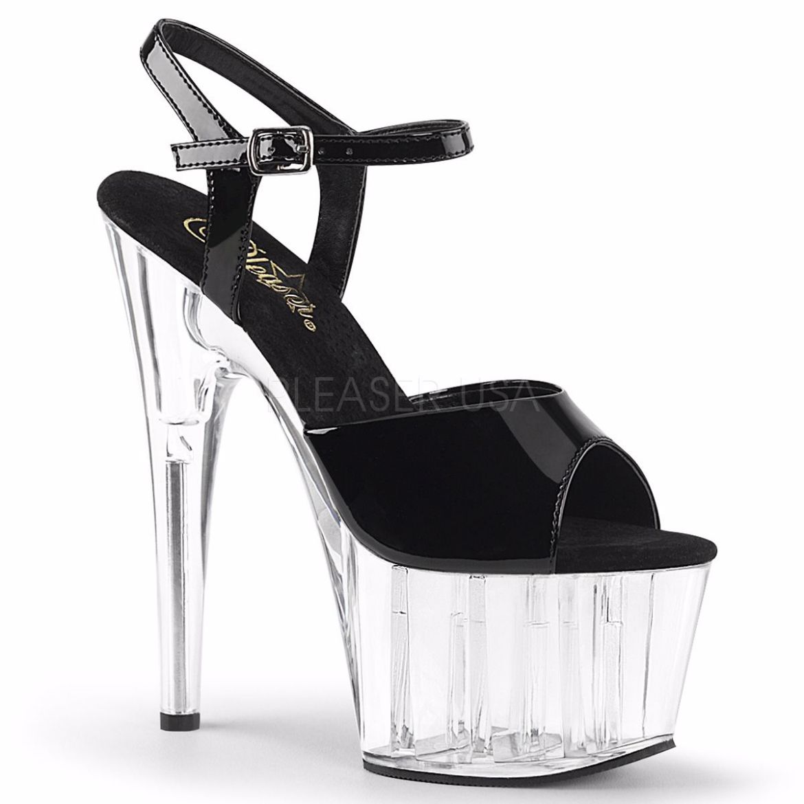 Product image of Pleaser Adore-709 Black Patent/ Clear,  7 inch (17.8 cm) Heel, 2 3/4 inch (7 cm) Platform Sandal Shoes