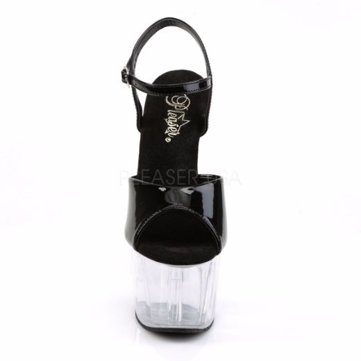 Product image of Pleaser Adore-709 Black Patent/ Clear,  7 inch (17.8 cm) Heel, 2 3/4 inch (7 cm) Platform Sandal Shoes