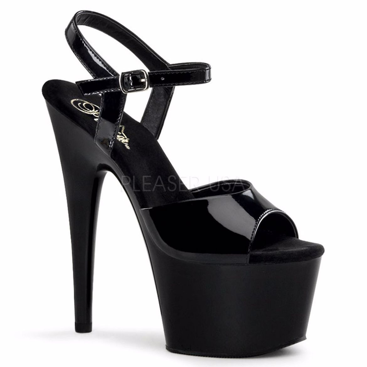 Product image of Pleaser Adore-709 Black Patent/Black, 7 inch (17.8 cm) Heel, 2 3/4 inch (7 cm) Platform Sandal Shoes