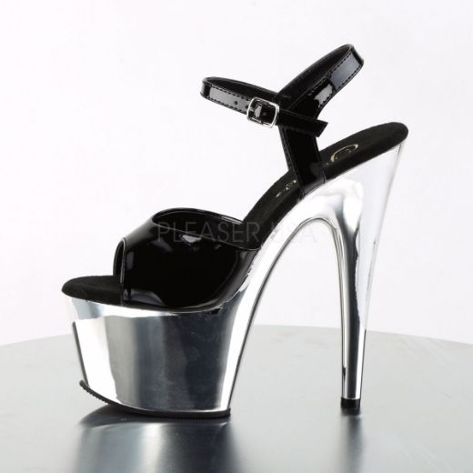 Product image of Pleaser Adore-709 Black Patent/Silver Chrome, 7 inch (17.8 cm) Heel, 2 3/4 inch (7 cm) Platform Sandal Shoes